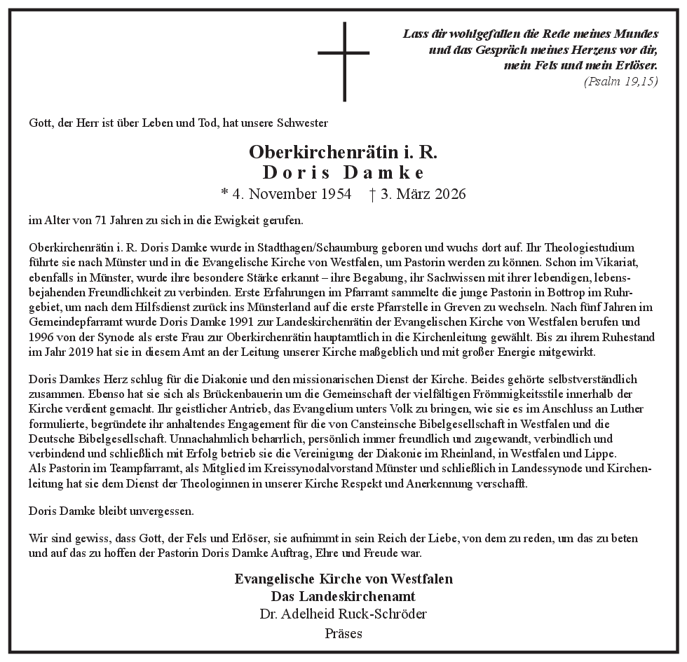 An dieser Stelle wird der Nachruf von Oberkirchenr&auml;tin in Ruhe Doris Damke angezeigt.